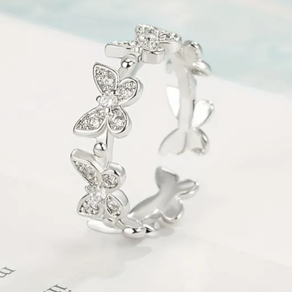 Mosaic Butterfly Ring, Women's Open Ring Adjustable White Gold Plated CZ Ring